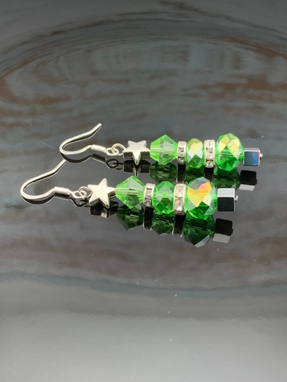 Christmas Tree Holiday Gift Handmade Czech Glass Sterling Plated Earrings LR197